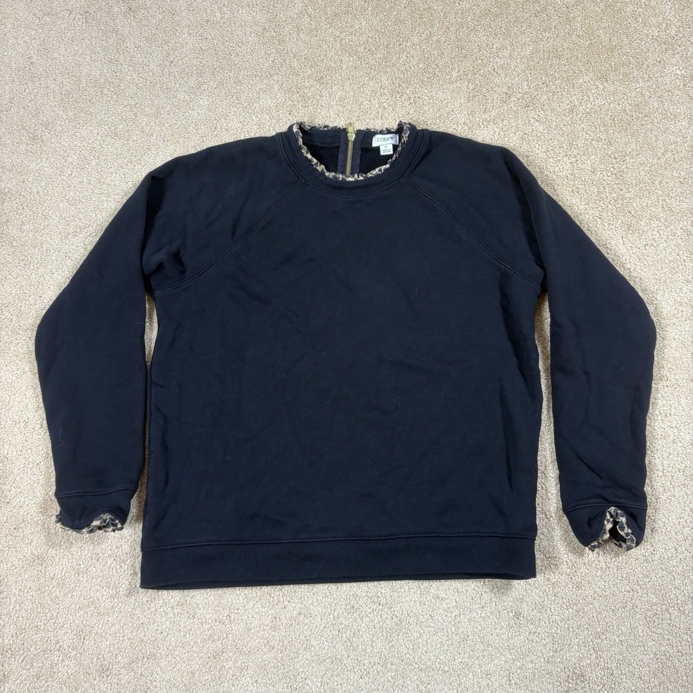 J.Crew Woven Leopard Trim Ruffleneck Sweatshirt Black H0273 Women Large L